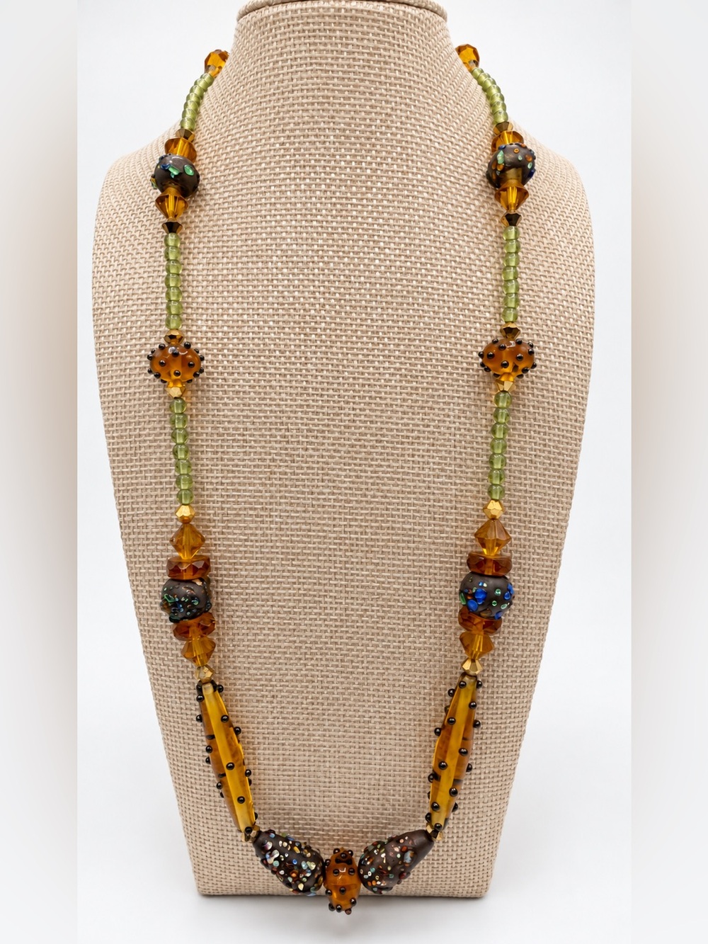 Handcrafted Olive Green and Amber Glass Bead Statement Necklace